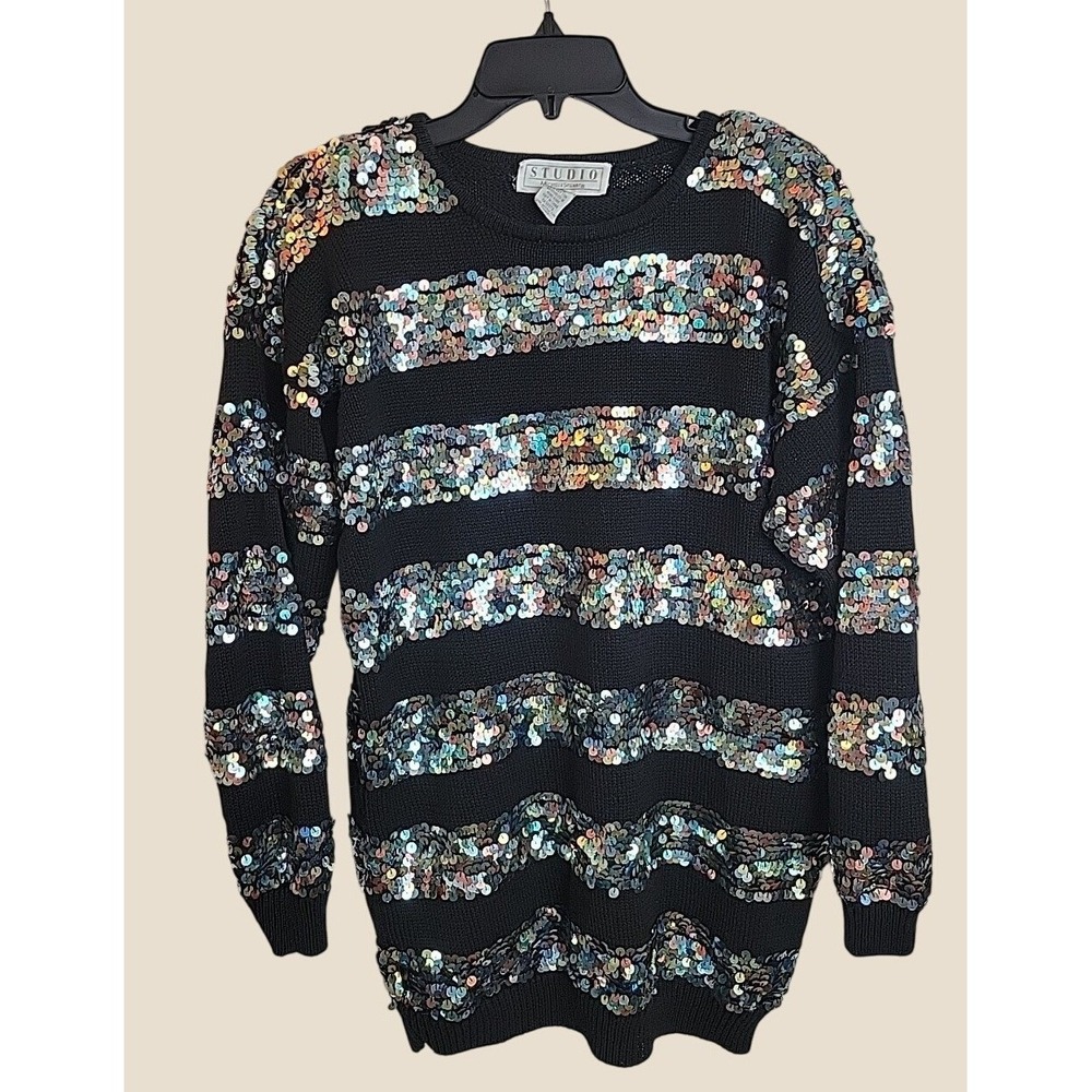 Vtg Studio Michelle Stuart Sequin Sweater 80s Glam Party Stripe Black Medium